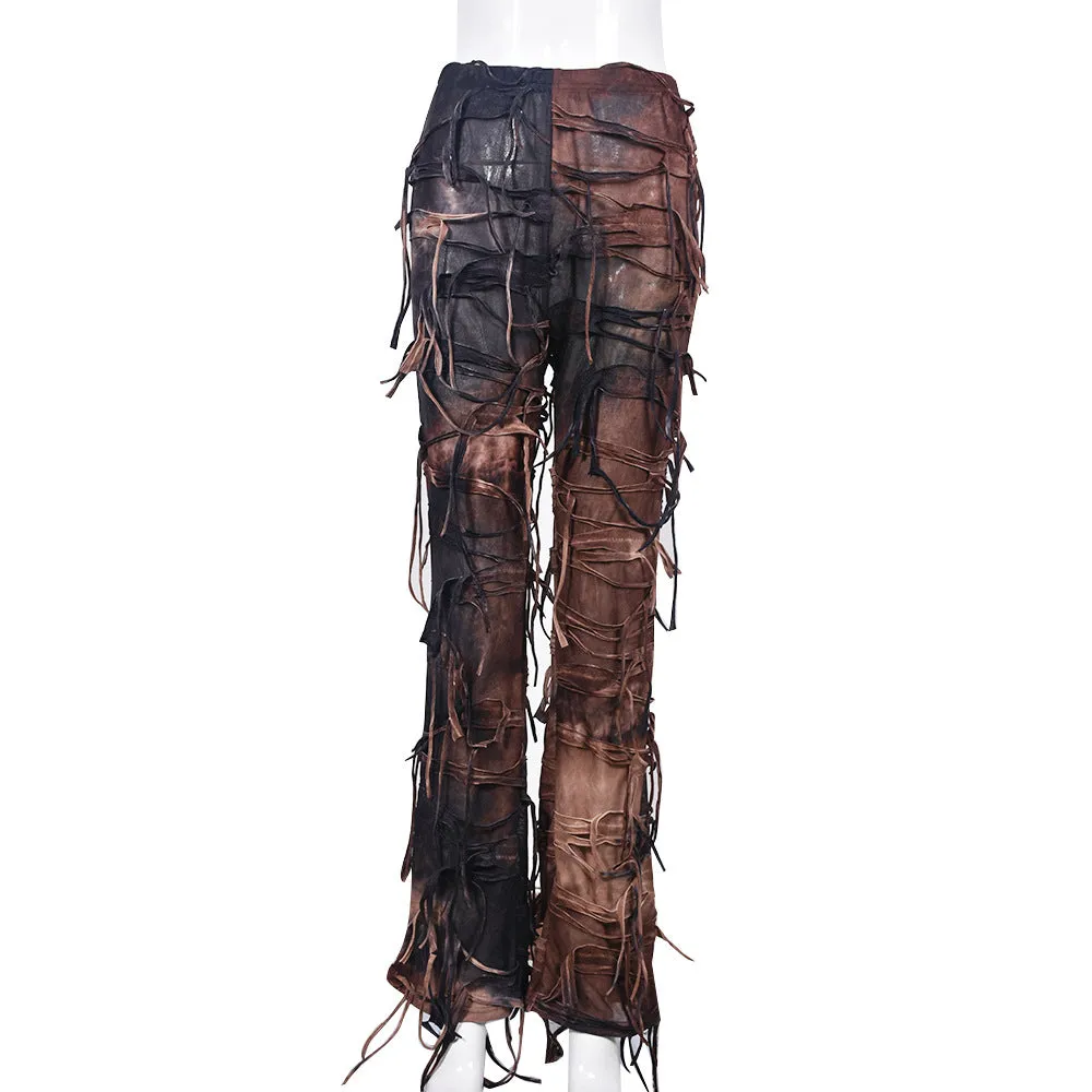 Tassel Trim High Waist Distressed Flare Pants