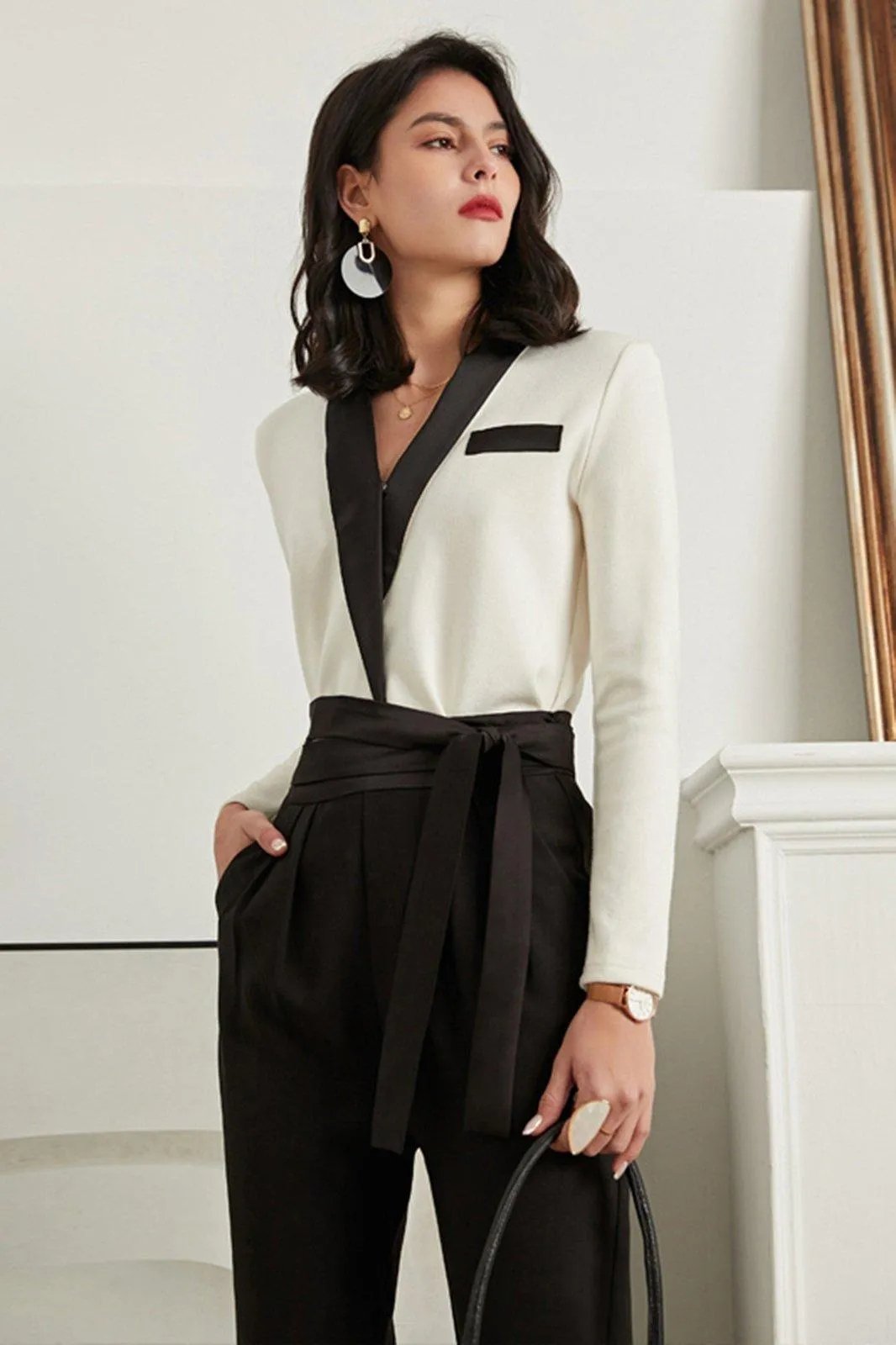 Women Contrast Suit Trousers Set,2 piece sets,long sleeve Blazer Pants Set,White Blazer high waist pants,Office Lady suit,Wedding Guest Suit