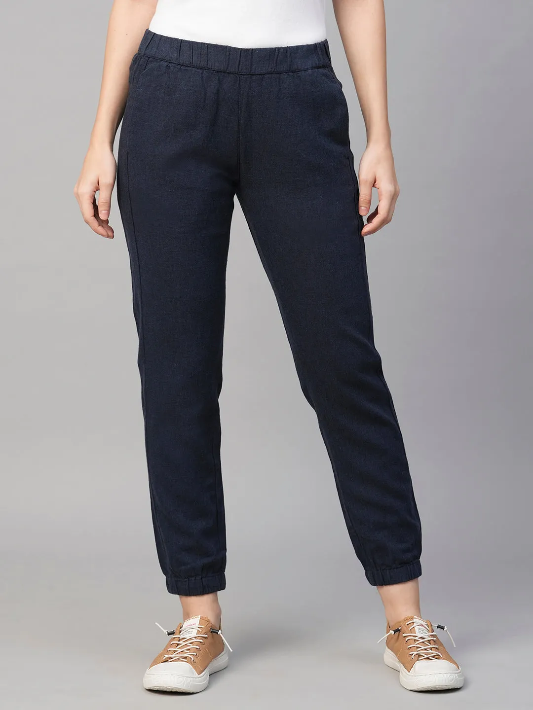 Women's Navy Linen Cotton Jogger Pant