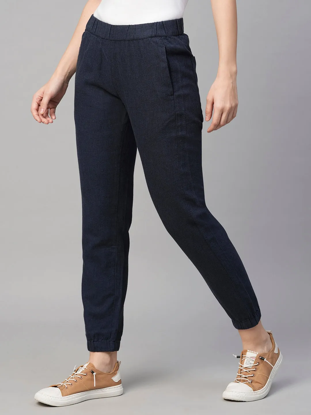 Women's Navy Linen Cotton Jogger Pant