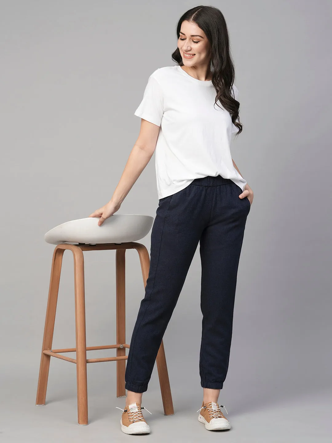 Women's Navy Linen Cotton Jogger Pant