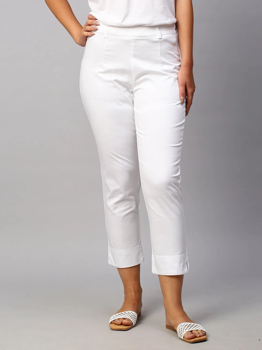 Women's White Cotton Lycra Regular Fit Pant