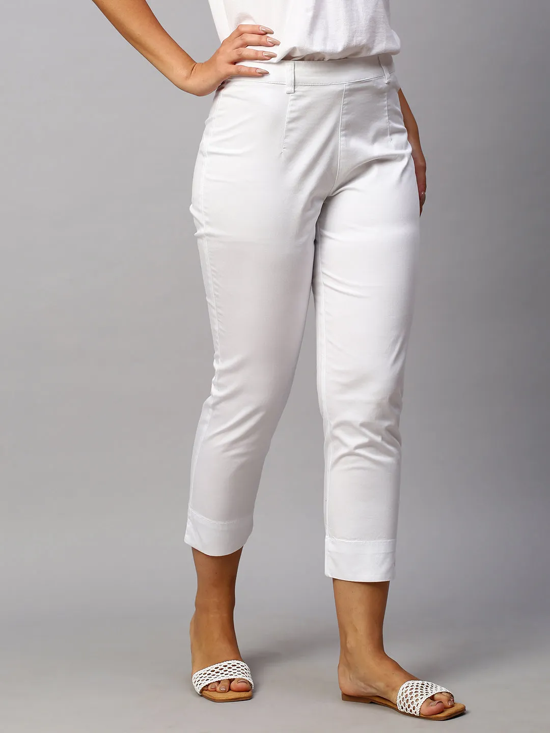 Women's White Cotton Lycra Regular Fit Pant