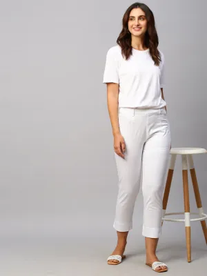 Women's White Cotton Lycra Regular Fit Pant