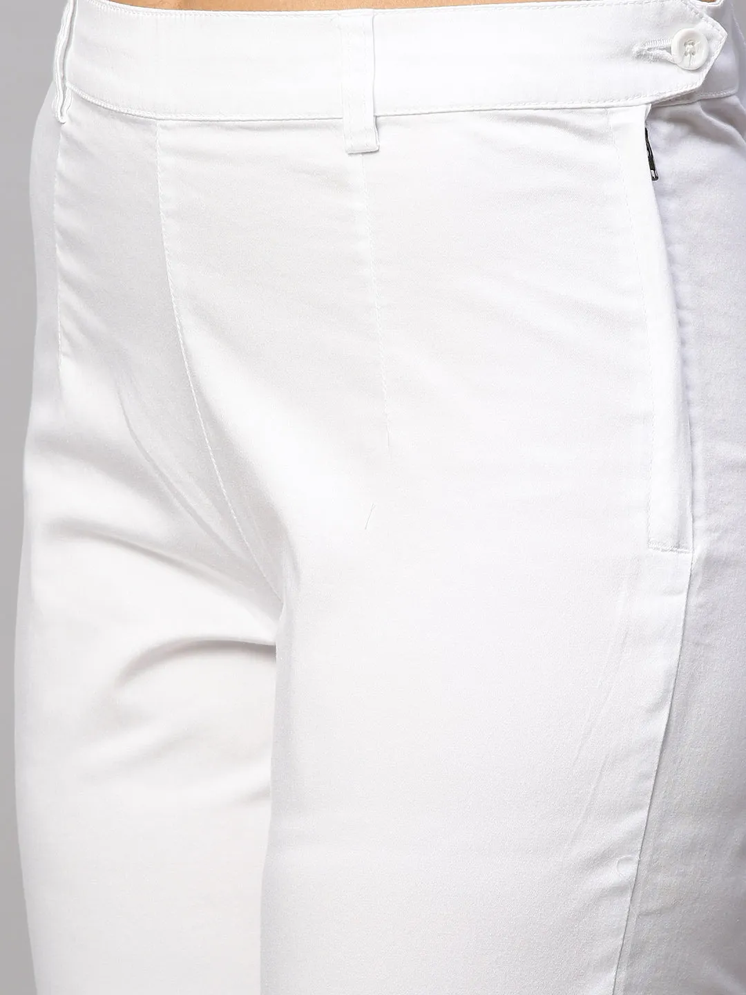 Women's White Cotton Lycra Regular Fit Pant