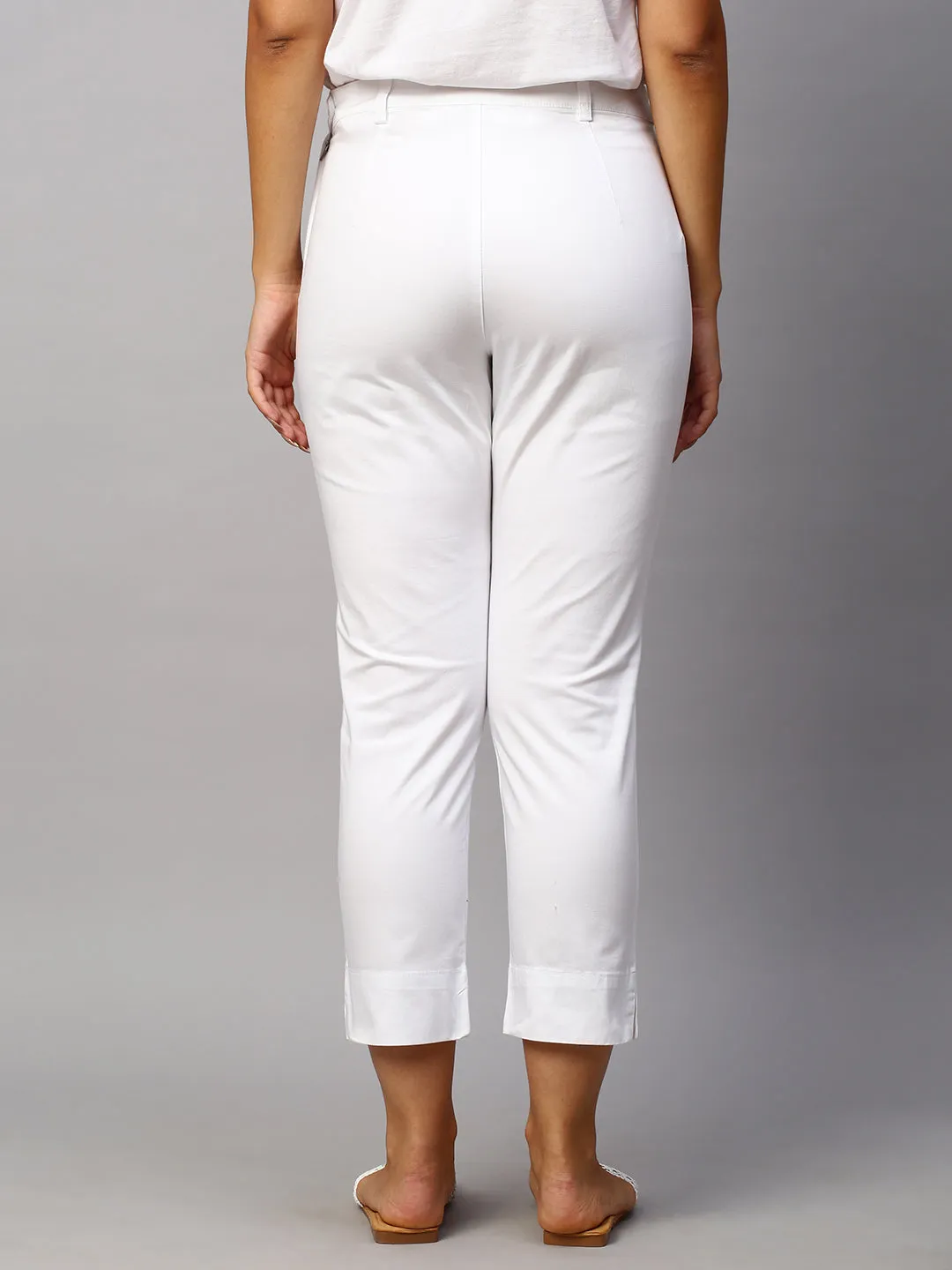 Women's White Cotton Lycra Regular Fit Pant