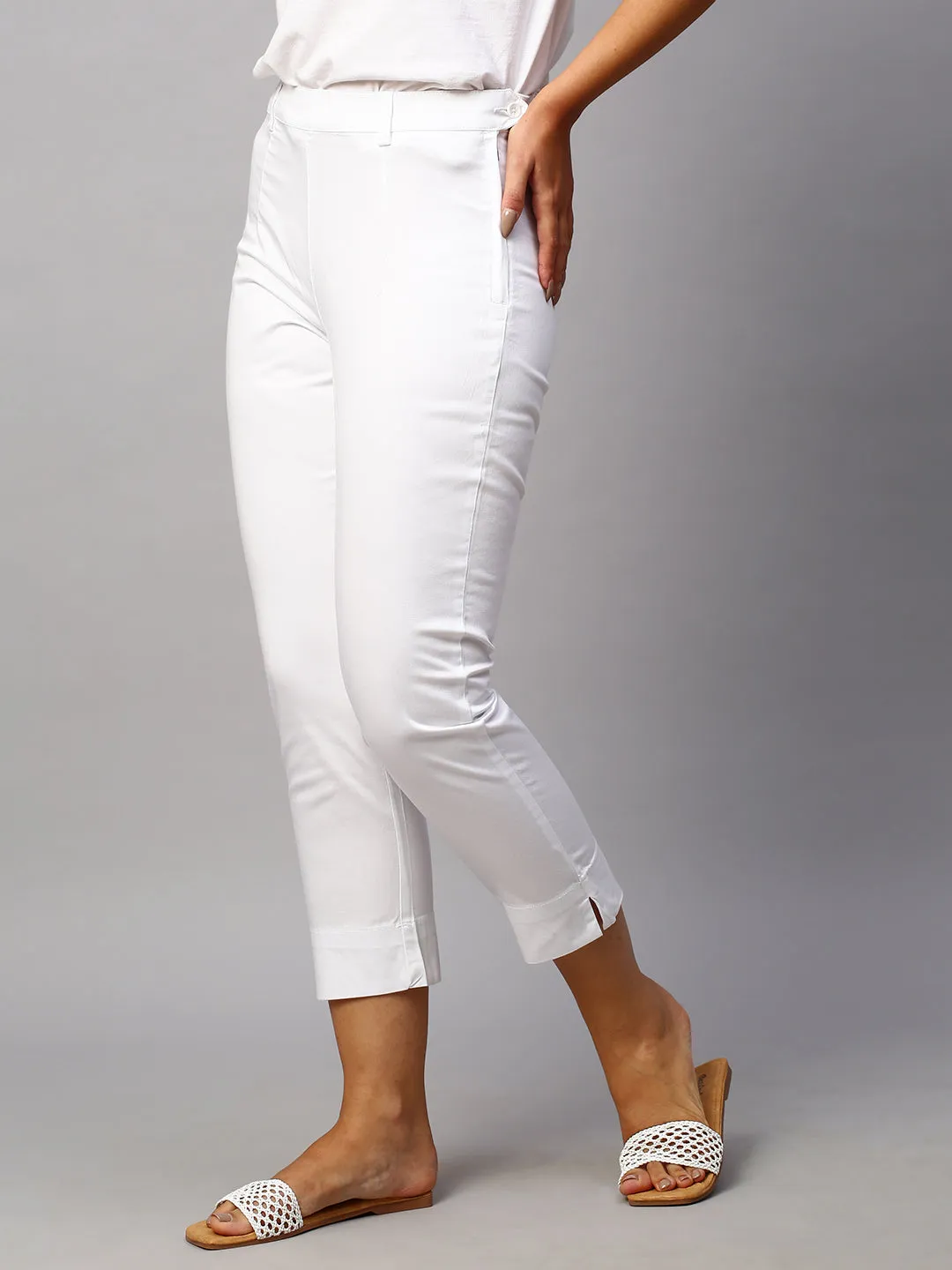 Women's White Cotton Lycra Regular Fit Pant